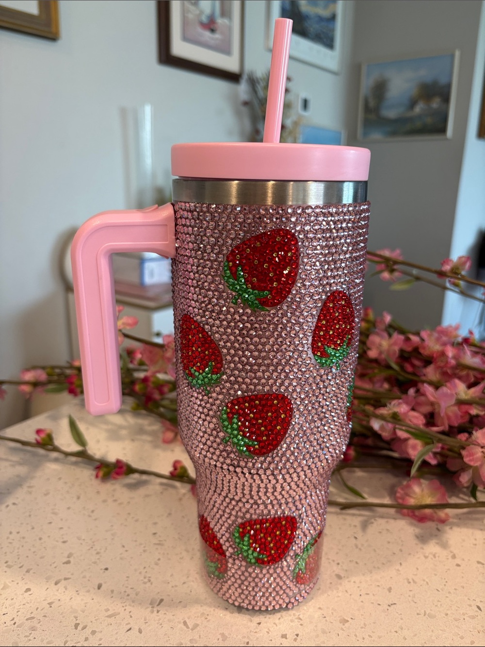 Pink Rhinestone Strawberry Tumbler with Handle and Straw
